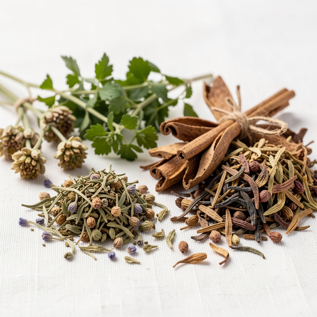 Close-up of botanical herbs and dried plant matter arranged on a clean linen surface under bright studio lighting, showing natural ingredient textures and earthy tones