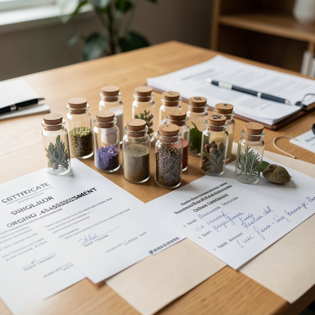 Botanical ingredient samples in small glass vials on a supplier sourcing assessment table, with printed origin certificates and handwritten geographic region notes visible