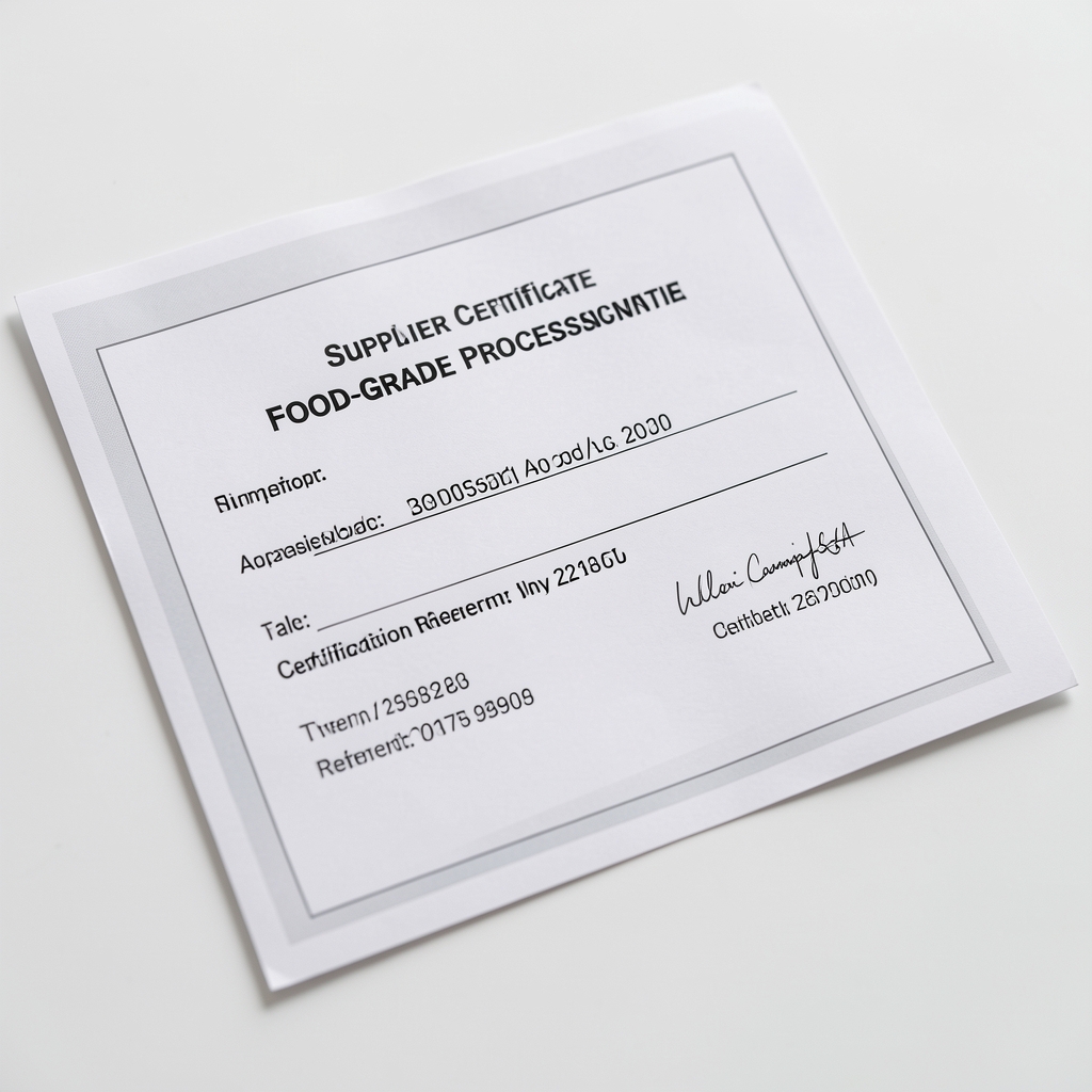 Close-up of a food-grade processing certificate document with a supplier company name, date, and certification reference numbers visible on a clean white surface