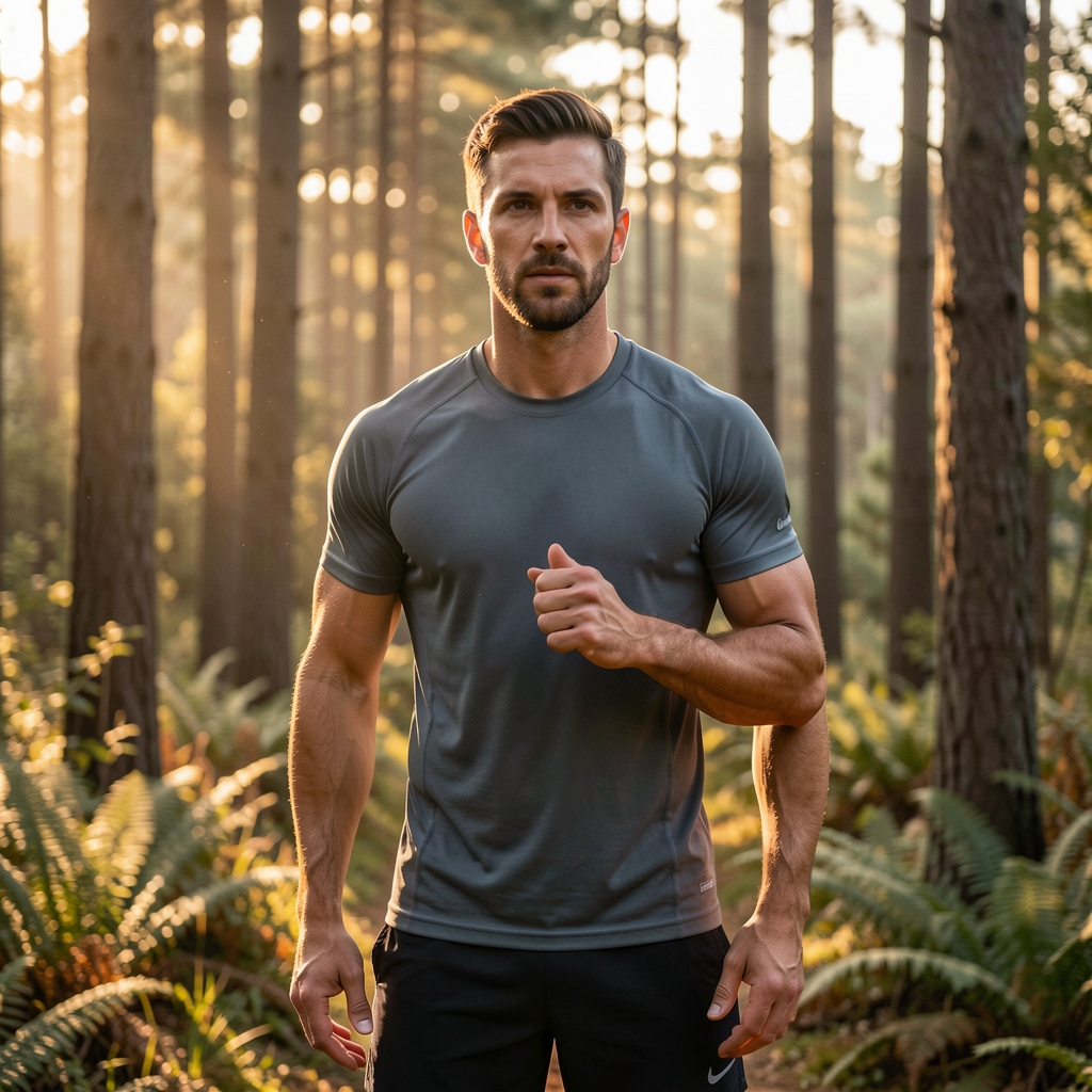 Active man in natural outdoor setting at dawn, wearing performance clothing, photographed in editorial style with warm natural light and forest background