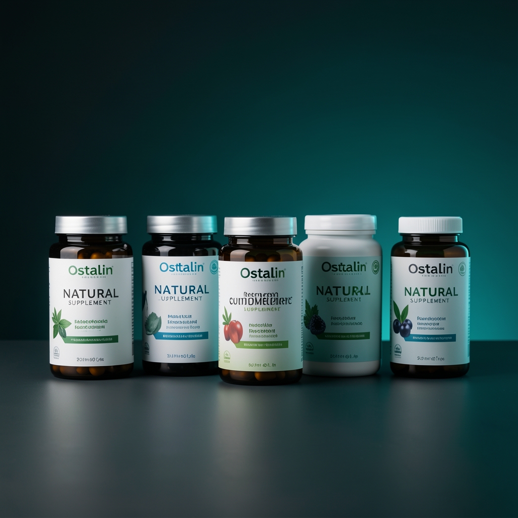 Ostalin natural supplement range displayed on a minimalist dark surface with teal accent lighting, showing various formulation containers in editorial product photography style