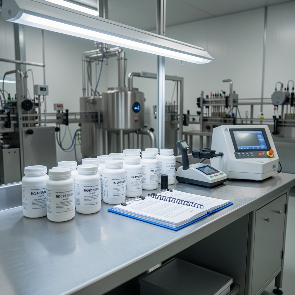 Quality control bench in a food supplement production facility showing batch-coded containers, documentation folders, and verification instruments under controlled lighting