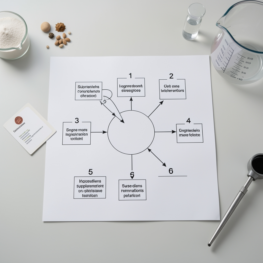 Overhead schematic-style photograph of a supplement formulation workflow diagram laid on a clean workbench with numbered steps, ingredient reference cards, and a measuring instrument visible