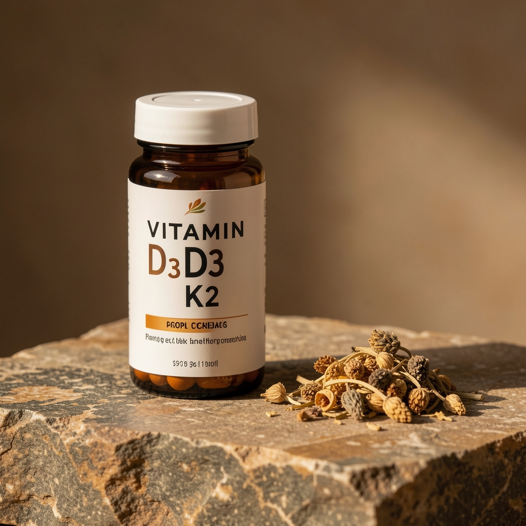 Single Ostalin vitamin D3 K2 supplement container on a natural stone surface beside a small amount of dried plant material, photographed with warm directional studio lighting