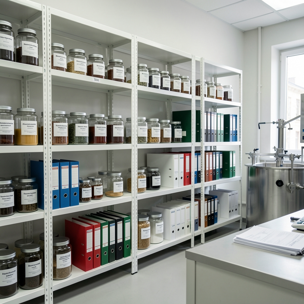 Clean supplement production studio interior in Warsaw with white shelving, labeled glass containers, and batch documentation binders arranged in an organised workspace under controlled lighting