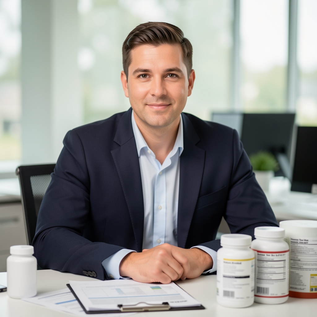 Editorial portrait of a male nutrition professional in a clean modern workspace, seated at a desk with supplement documentation and ingredient reference materials visible