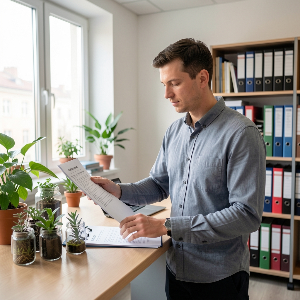 Male sourcing specialist reviewing ingredient supplier documentation at a standing desk in a well-lit modern Warsaw office with botanical samples and reference binders visible in the background